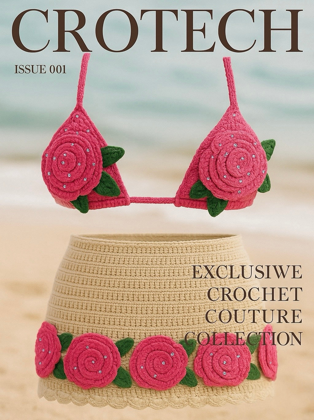 Editorial magazine shot featuring Zana Gorman crochet top and skirt — luxury handwoven swimwear with ocean-inspired textures and feminine resort style.