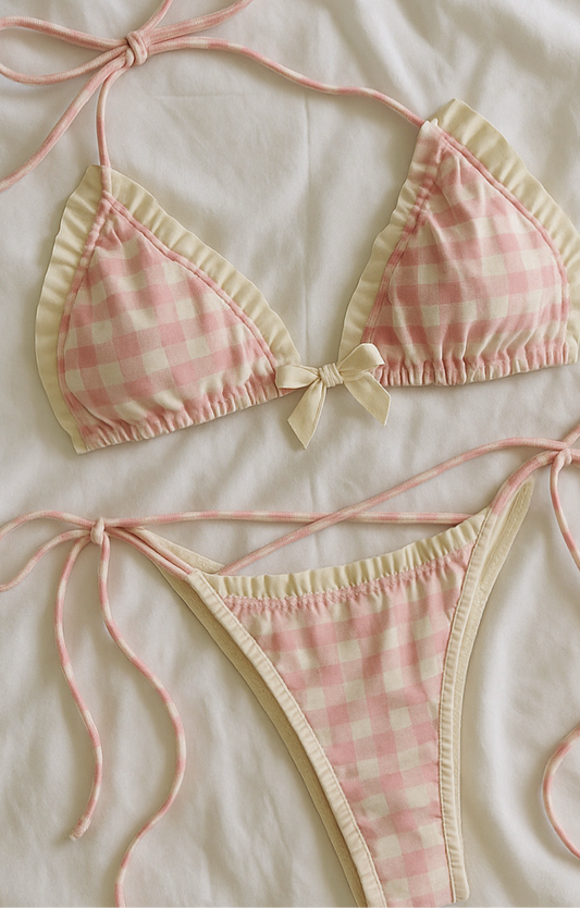 Zana Gorman pink picnic bikini set soft romantic beachwear inspired by Clearwater Beach, perfect for girly travel outfits and resort looks