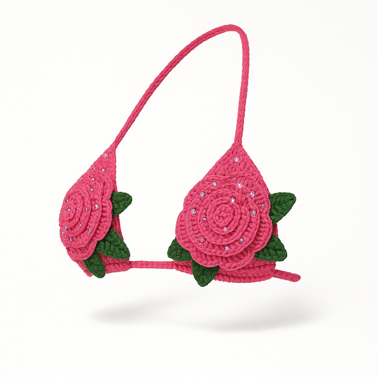 Luxury crochet bikini top by Zana Gorman hand-designed swimwear with intricate woven details, ocean-inspired elegance, and feminine beachwear vibes. Perfect for summer fashion, coastal escapes, and luxury resort style.”