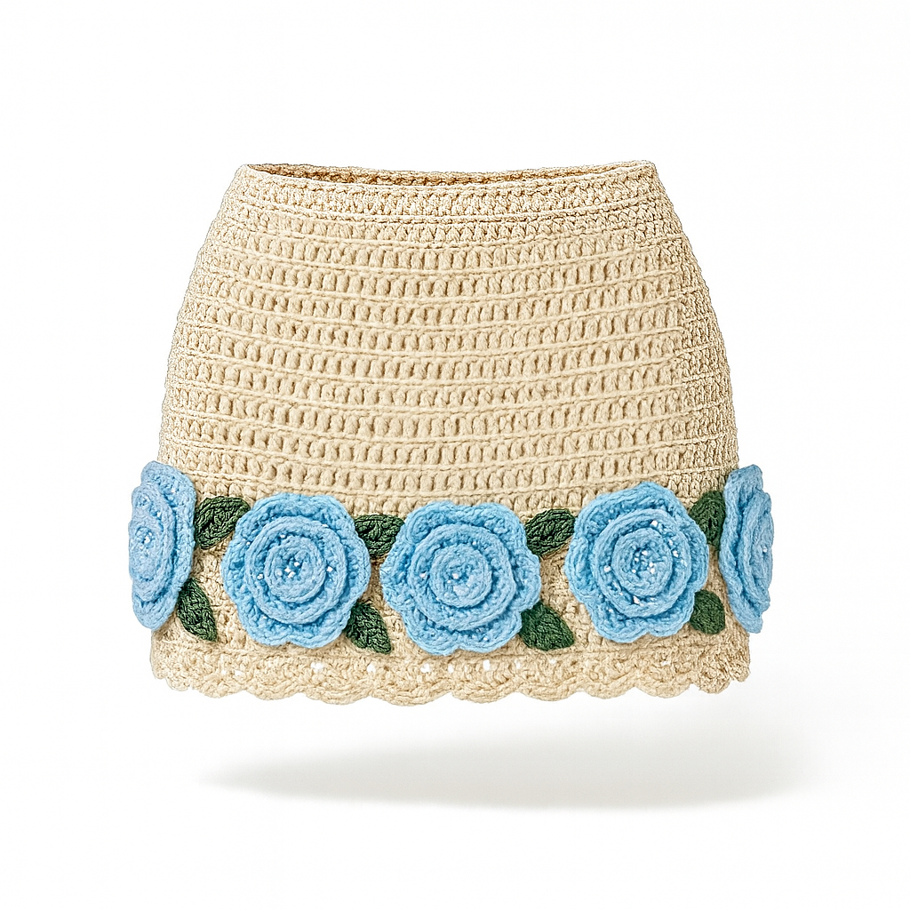 Luxury crochet skirt by Zana Gorman handwoven details with a breezy, feminine silhouette, designed for oceanside elegance and resort style.”